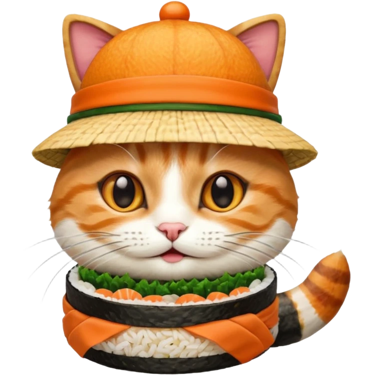 happy cat wearing a hat made out of sushi emoji