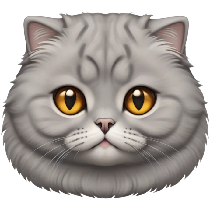Cinematic-Fluffy-Grey-Scottish-Fold-Cat-Portrait-Emoji – Head tilted cutely with big, sparkling amber eyes, soft solid grey fur, and signature small folded ears pressed gently against its round head, simplified yet irresistibly adorable features, highly detailed, glowing with a soft and warm charm. emoji