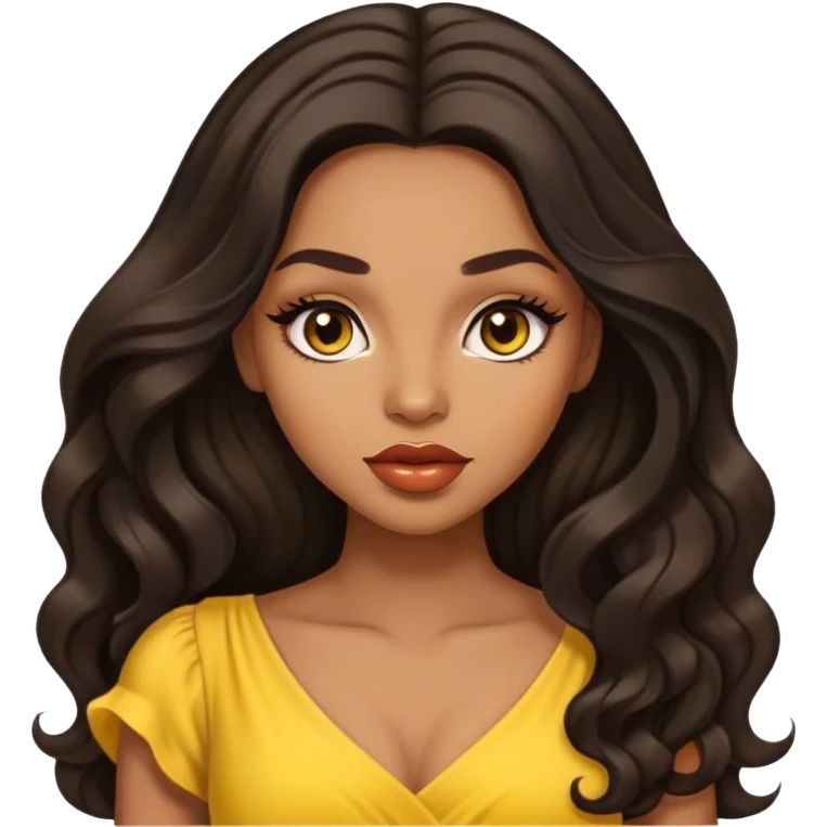 light brown skin tone, very beautiful woman, with big plump lips, long long lashes, black long wavy hair, middle hair parting, brown eyes, yellow dress emoji