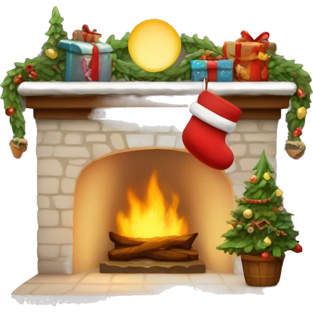 Happy holidays, fireplace, stocking hung, cozy setting emoji
