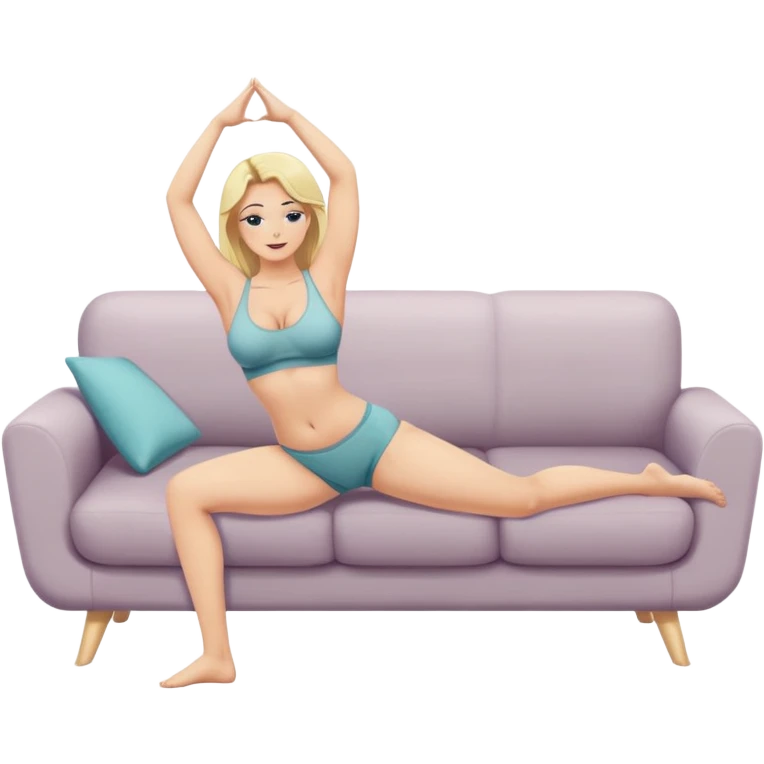 fullbody busty blonde shirtless and topless buxom doing yoga in undies on couch stretching legs sfw emoji
