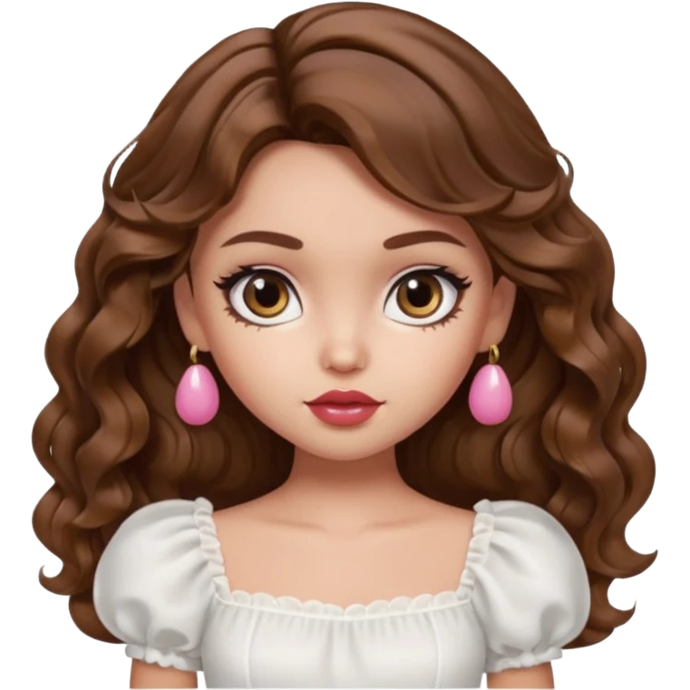 generate a pretty bratz girl with in a white puff sleeve top. lipgloss on . Brown wavy hair long.  emoji
