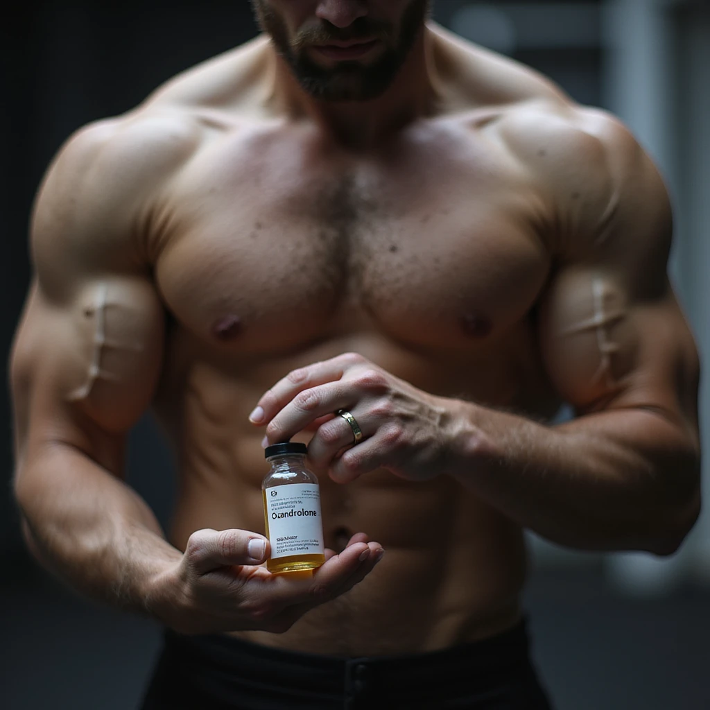 realistic photo of a crossfit athlete holding a vial labeled 'Oxandrolone', tense muscles, bright light, modern gym background emoji
