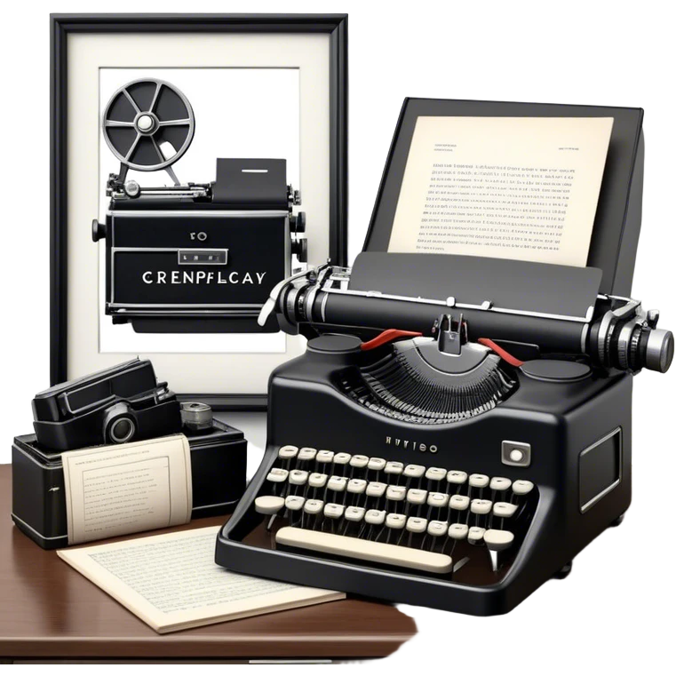 Create an emoji representing screenwriting. The design should feature an open script with visible dialogue and action lines, symbolizing the writing of a screenplay. Include a classic typewriter or a modern writing device, such as a laptop, to signify the process of creating a script. Add a vintage film camera next to the script to emphasize the cinematic aspect of screenwriting. Use a professional color palette with black, white, and subtle metallic tones. Do not include any emojis or smiley faces. Make the background transparent. emoji