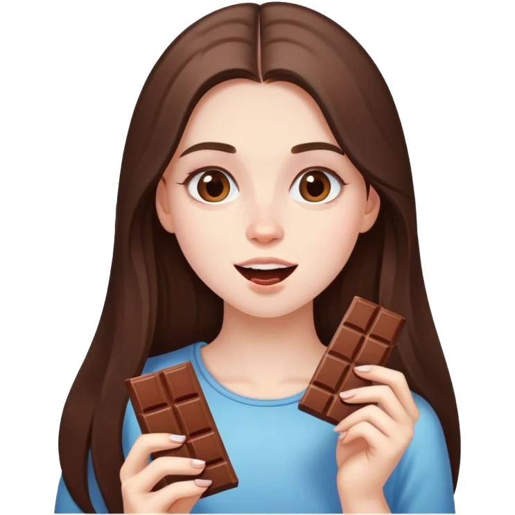 beautiful pale brunette girl with long hair eating a bar of chocolate  emoji