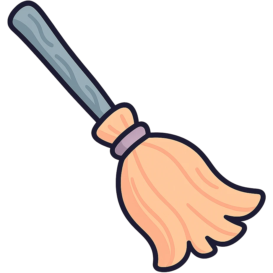 witch broom, volumetric with detailed shadows and highlights, textured handle and twigs, thin clean contours, soft rounded shapes, pastel palette #98B5BC, #B5B3C1, #C9A3C9, #E4C0CA, #F7DCD1, #F7C0AA, modern Japanese pop art and sticker aesthetic, soft lighting, transparent background emoji