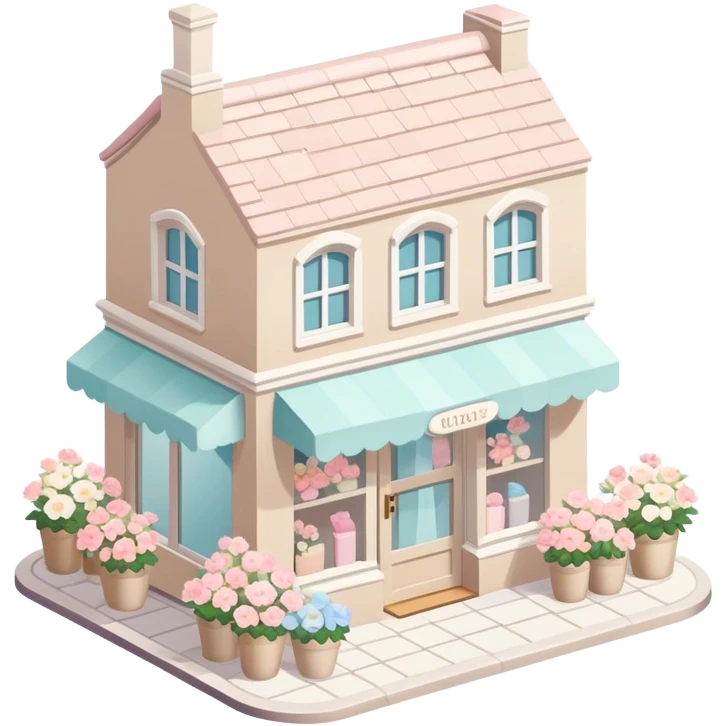isometric exterior little beige and white shop with abundant pastel florals everywhere emoji