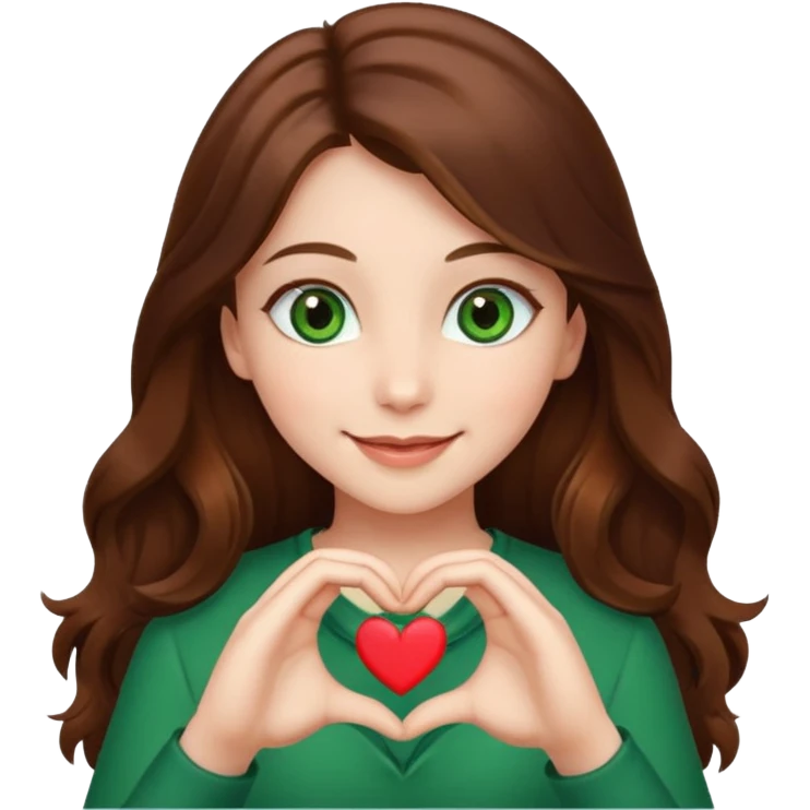 Girl green eyes brown long hair doing hands heart emoji