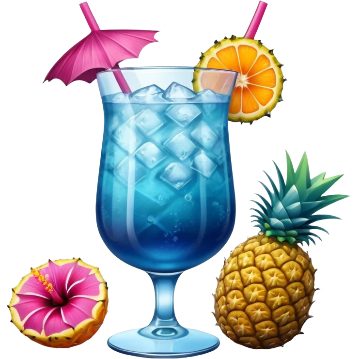 vibrant tropical fruity blue cocktail with hibiscus, pineapple and orange garnishes emoji