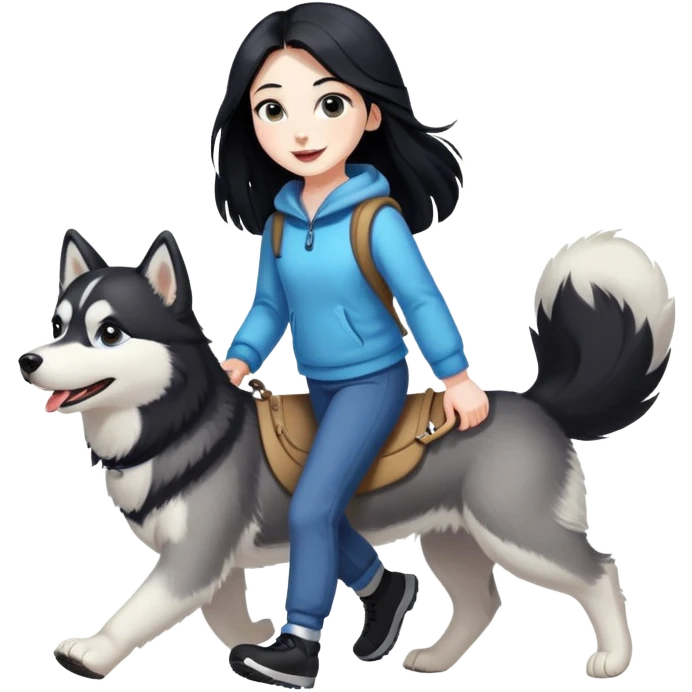 A girl with long black hair walks a husky emoji
