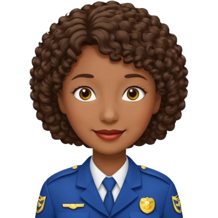 Middle-aged Female: dark skin, wearing uniform, approachable face, curly short brown hair emoji