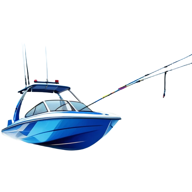 humanless icon showing water skis on the surface of the water, with ski ropes trailing behind. In the background, a boat fades into the distance, leaving a wake. The focus is on the skis gliding across the water. Transparent background highlights the thrill and speed of water skiing. emoji