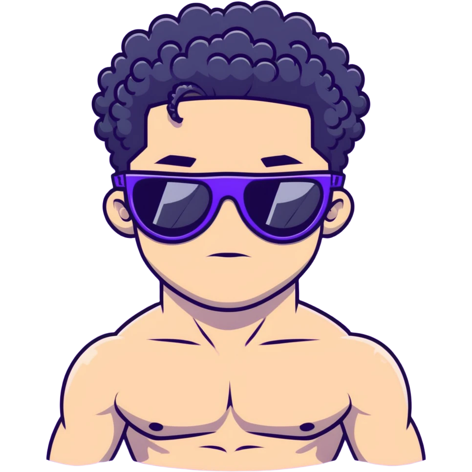 shirtless male athlete with white skin and moderately curly black hair on top with shaved sides, wearing purple sunglasses with black tinted lenses emoji