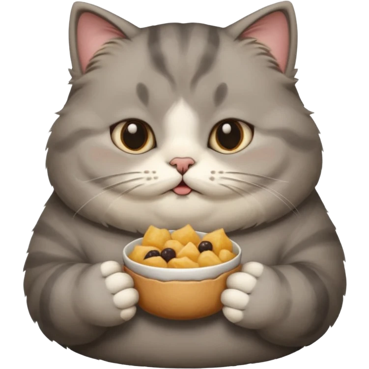 Gray cute cat eating food with cheeks full fat very very fat  emoji