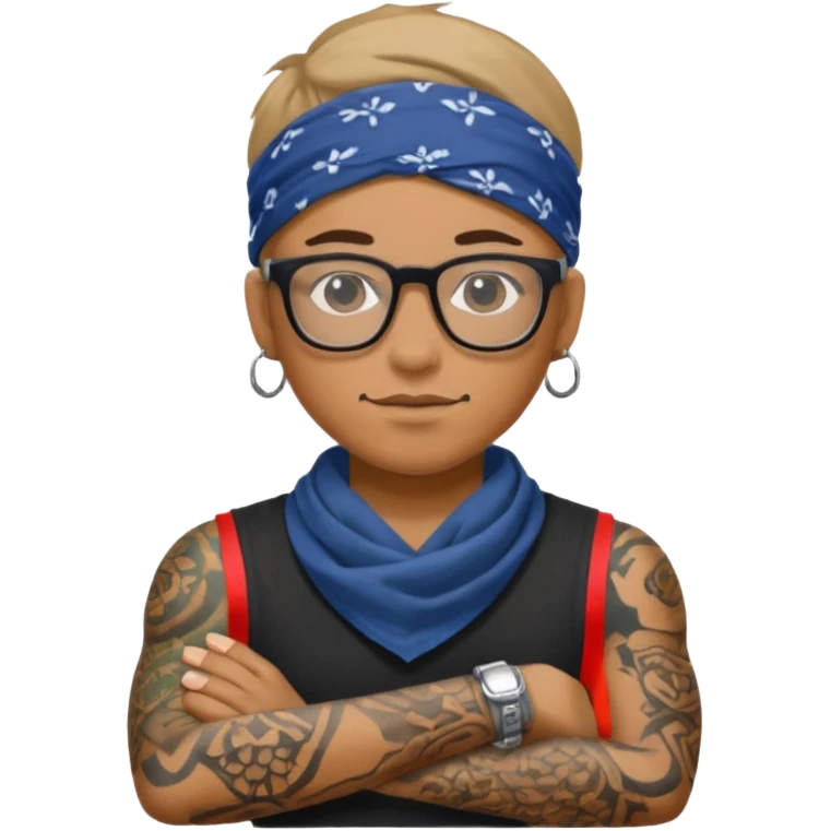 character with bandana and glasses and tattoed emoji
