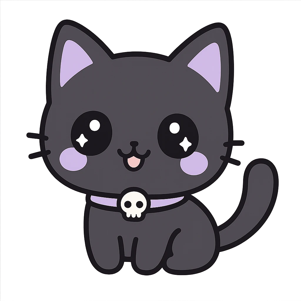 kawaii style gothic cat, happy face, black fur with purple accents, big eyes, tiny skull collar, fun and cute emoji