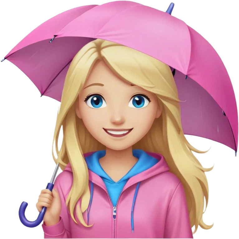 Cinematic realistic emojis in the form of a blonde girl with a joyful smile, long hair, blue eyes, wearing a pink hoodie, holding an umbrella over her from the rain emoji