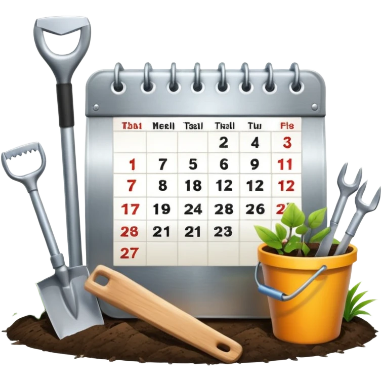 calendar icon with garden tools near. Transparent background emoji