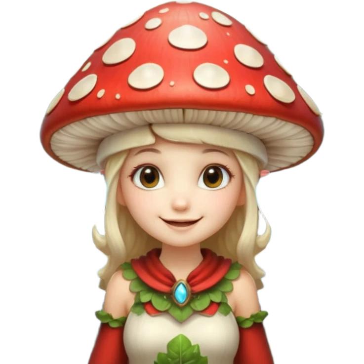 mushroom fairy portrait, head and shoulders only, wearing a large mushroom cap hat, tiny glowing wings visible behind shoulders, cute magical smile, forest fantasy vibe, 3D cartoon, mobile game icon style, clean background, no text, no watermark

 emoji