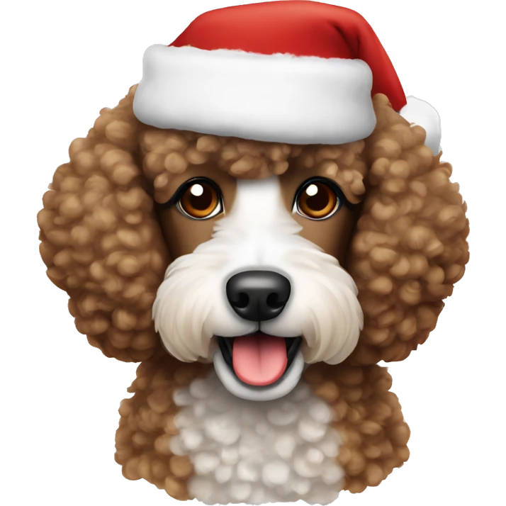 Brown and white Poodle wearing a Santa hat emoji