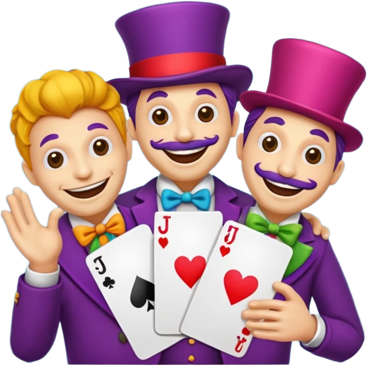 3 poker cards, with crazy colorful human jolly jokers inside, puppeteers emoji