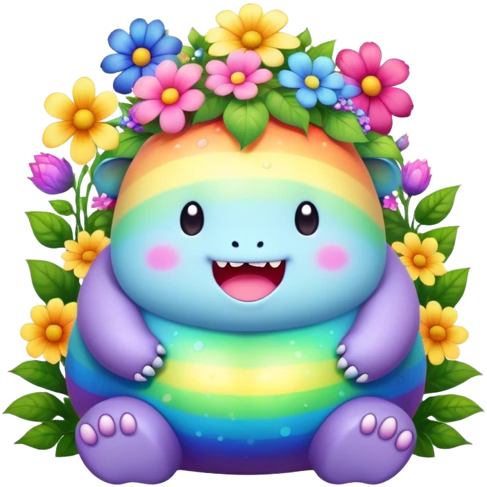 Kawaii derpy fat rainbow monster surrounded by magical flowers, rich textures, visually rich, so lifelike that it feels like it could leap off the page at any moment emoji
