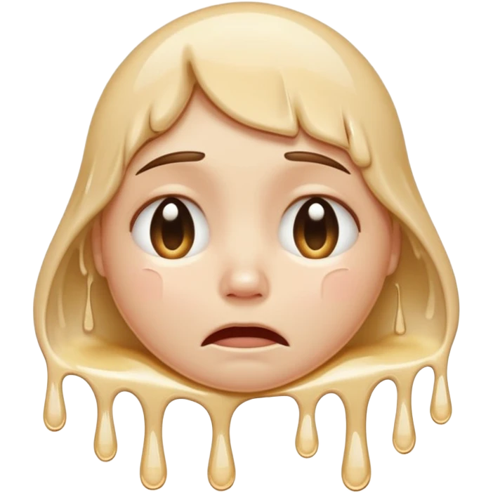 softly smiling crying face that appears to be melting downward, large glossy drip like emoji, combined with the smooth dissolving lower half similar to the melting face. ‘I’m okay :) but absolutely not okay’ emoji