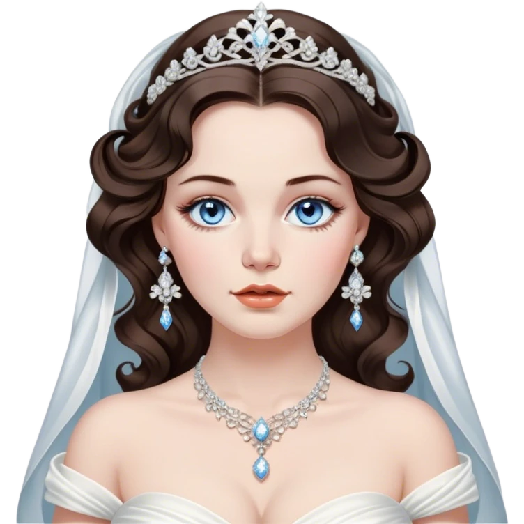 vivienne westwood style wedding dress with dainty diamonds hanging down from the waist. long wavy brunette women with silver jewelry and tiara. medium blue eyes. long eyelashes. chubby cheeks. High cheekbones. symmetrical face proportions. light makeup  emoji