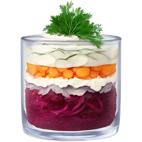 Shuba russian Layered Beet dish  with Herring and mayonnaise in Crystal bowl, dill on top  emoji
