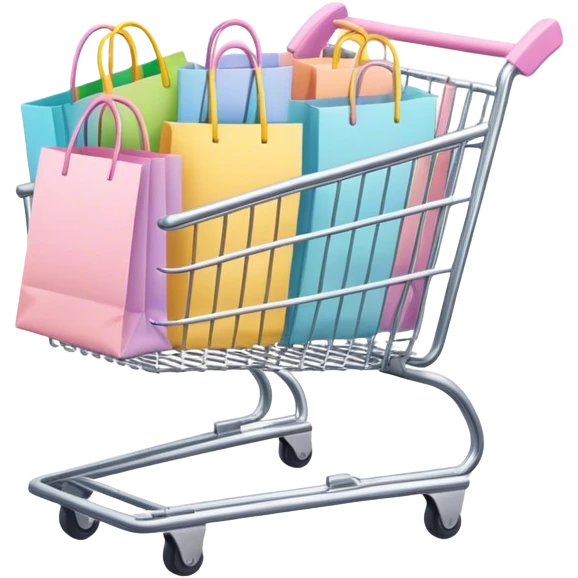 shopping cart filled with pastel colored shopping bags emoji