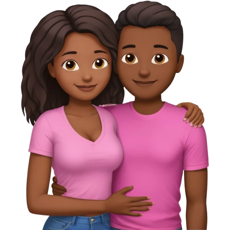 Black lesbian couple with one dark skin masculine with short hair low cut fade with a t shirt with breasts and one feminine with very long hair in a pink blouse hugging  emoji