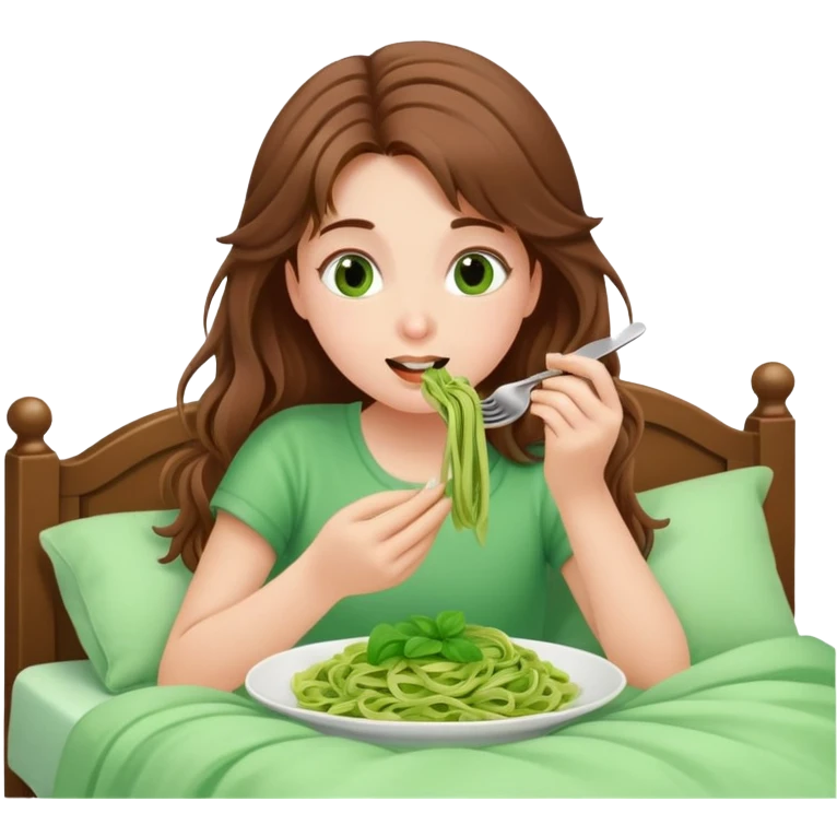 Brown haired girl eating green pasta in bed emoji