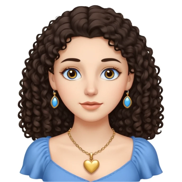 white girl, dark curly hair, big brown eyes, oval face, straight nose, full lips, soft eyebrows, wearing a delicate blue dress, a golden heart necklace, long eyelashes  emoji