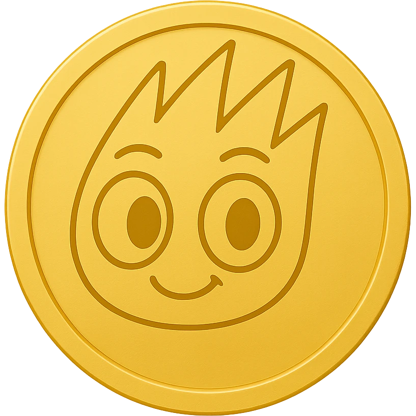 Create an emoji style gold token with a simple rim, featuring only the mascot head from the provided image. The design should have minimal details, no shadows, and be centered on a transparent background. The mascot head should be as in the reference image, but with a subtle smile, styled to look like an emoji gold token with a simple rim. emoji