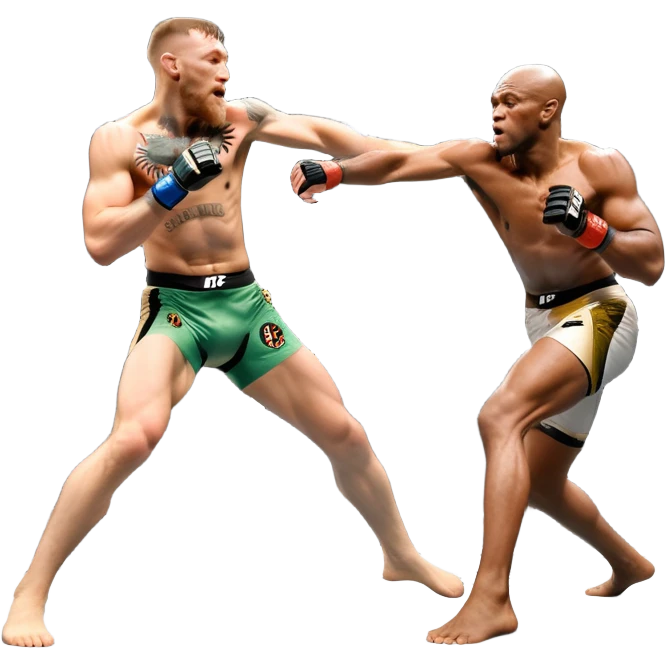 An MMA showdown between Conor McGregor and Anderson Silva in the octagon. McGregor is executing a jumping strike, while Silva skillfully deflects the attack. The background shows the UFC octagon with roaring fans and vibrant energy. Transparent background. emoji