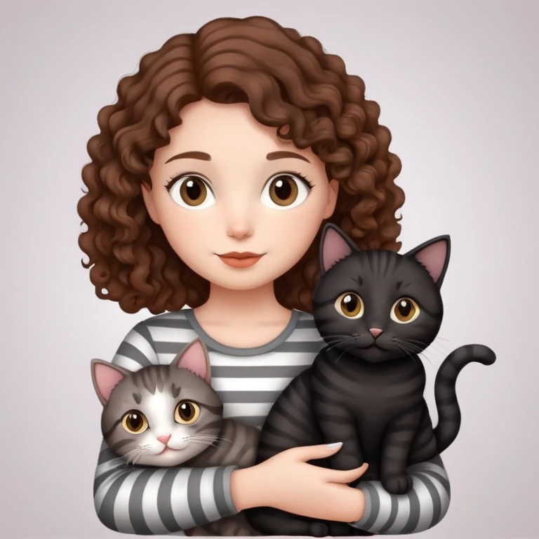 Girl with curly hair holding three cats, one black cat, one grey cat, and one grey-striped cat emoji