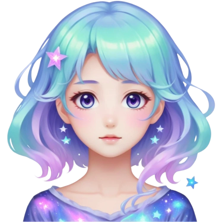 Beautiful gorgeous anime lady with beautiful iridescent-nebula-hair, fashion aesthetic, ethereal, fairycore, pastelcore emoji