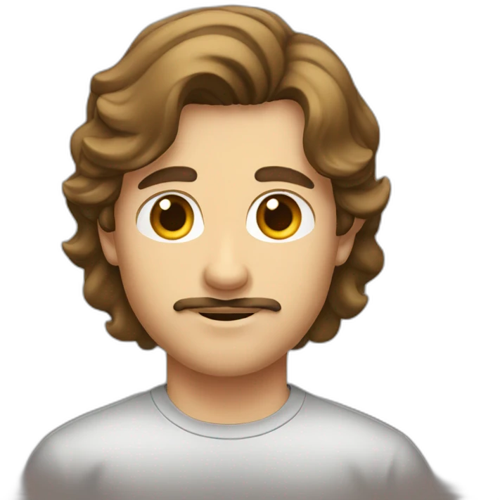 A young man with brown hair and a mullet haircut and a moustache emoji