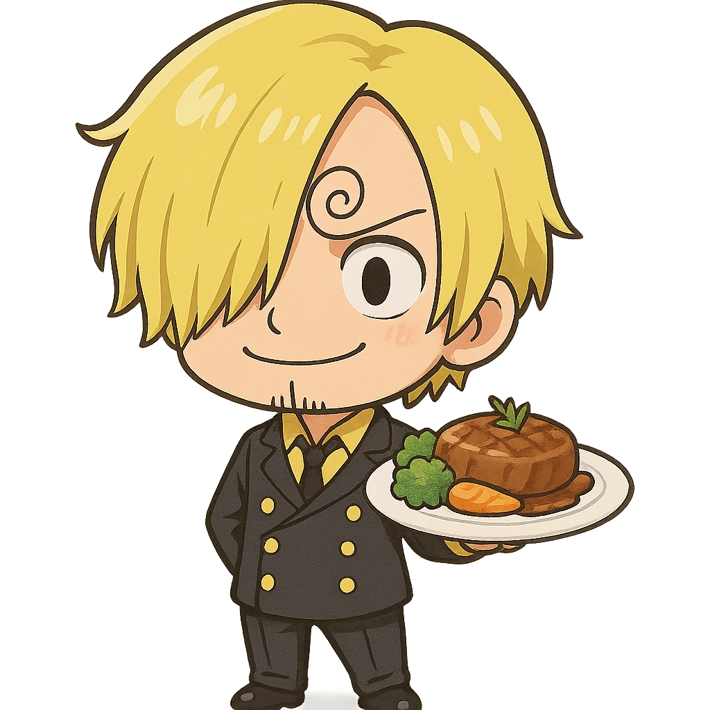 chibi style Sanji from One Piece, big head, small body, curly eyebrow, blond hair, black suit, holding a plate of food emoji
