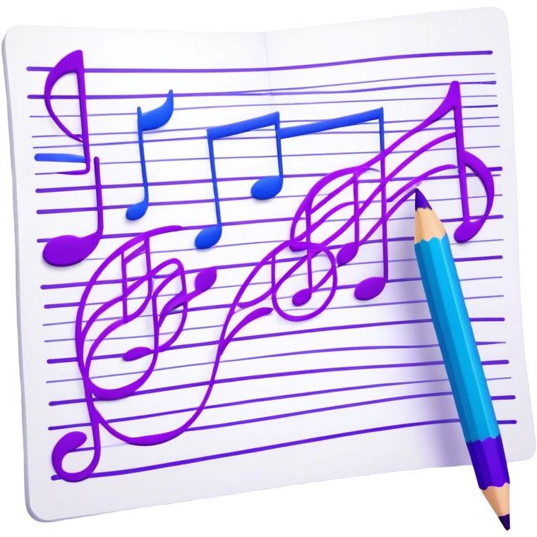 Create a creative and inspiring emoji that represents music track writing. The design should feature a music composition sheet with musical notes, a digital audio workstation (DAW) interface or soundwaves, and a pencil or pen to symbolize the writing process. Add a touch of technology with subtle elements like sound mixing sliders or waveform graphics. Use a blend of vibrant and inspiring colors, such as electric blue or neon purple, to evoke a sense of creativity and innovation. The background should be transparent. emoji