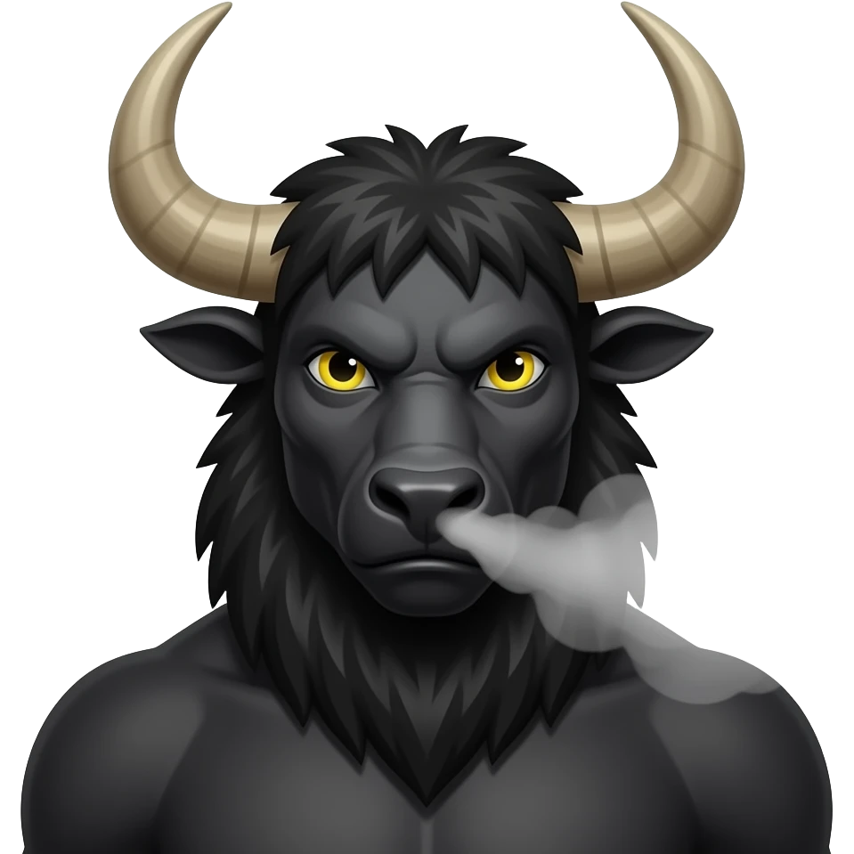 Dark fierce realistic looking Minotaur head and shoulderswith yellow eyes and steam out of nose. Fantasy emoji