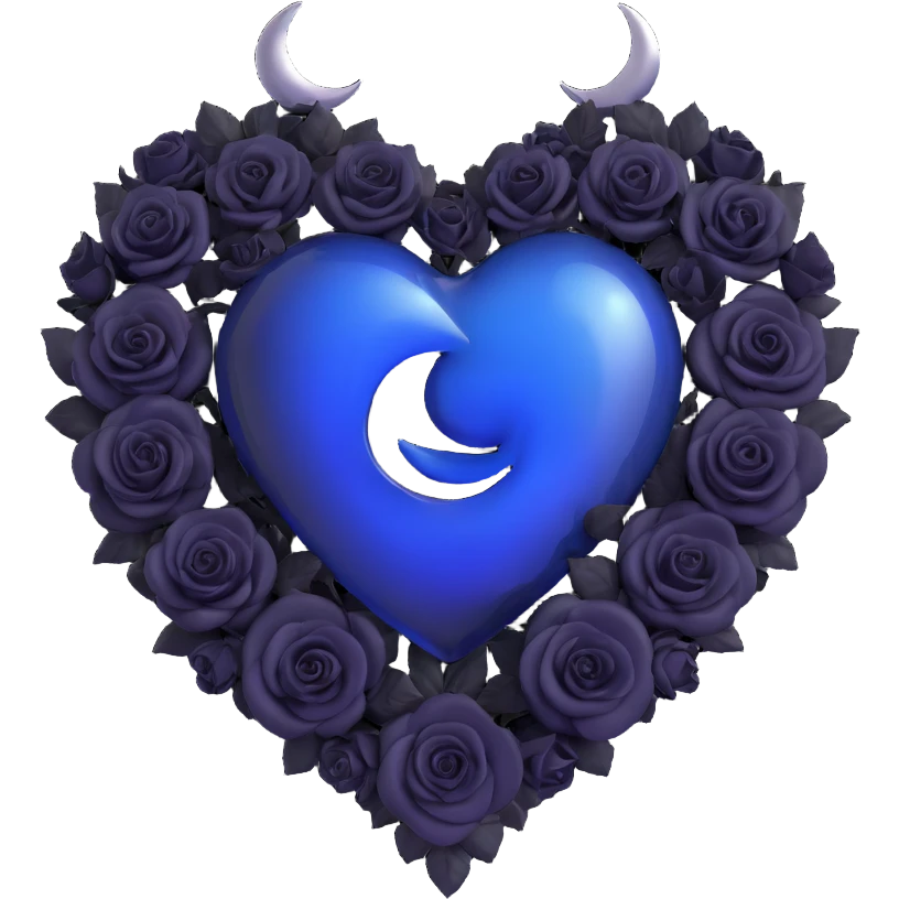 3D emoji gothic heart, midnight blue glass, silver crescent moon, tiny black roses, mysterious and rich emoji