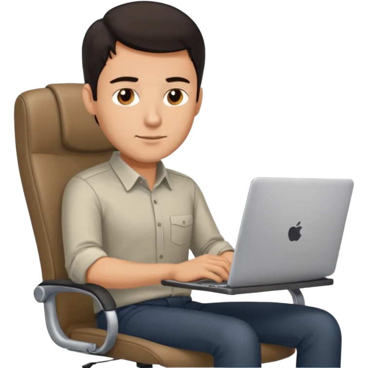 Rich man sitting on a office chair, working at desk, looking to laptop in shirt, dark hair, he is german very beautiful looks like, full body view emoji