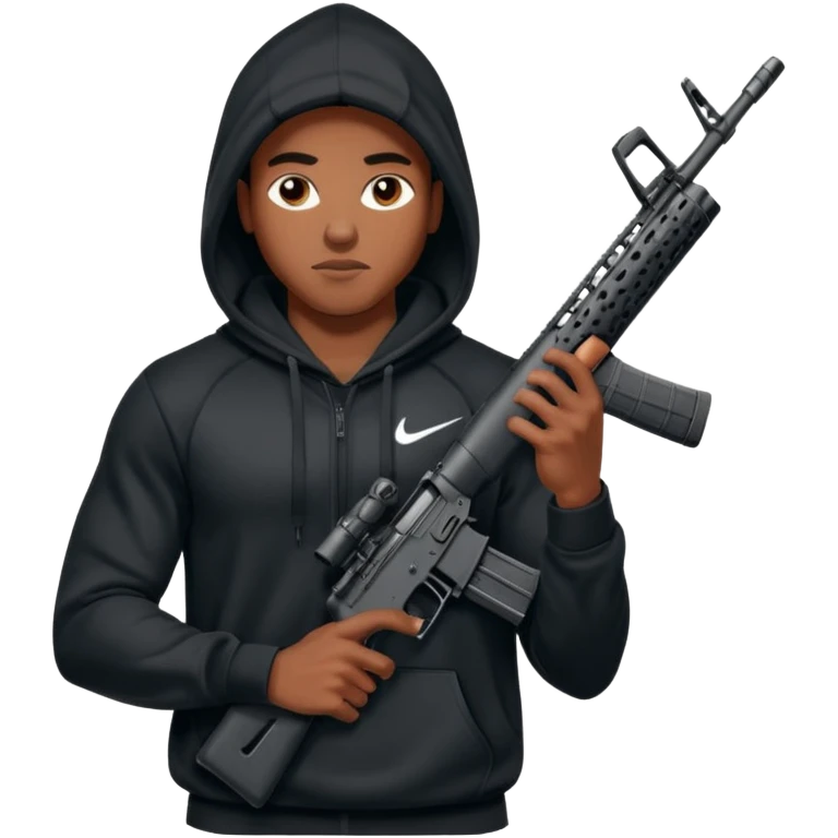 
Fais moi un jeune afro américain qui ressemble a un gangster qui tient une AR15 avec un hoodie a capuche, capuché, avec la cagoule nike therma fit hood emoji