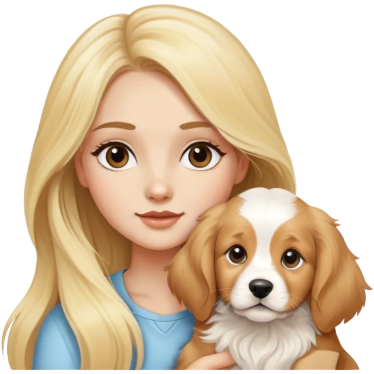 Pretty blonde girl with long hair and long eyelashes and a cavalier puppy, a golden retriever puppy, and a Great Pyrenees emoji