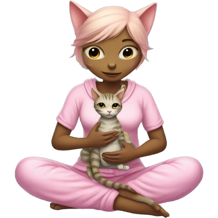 a Reptilian alien woman,in meditation, in pink pajamas, hugs a tabby cat emoji