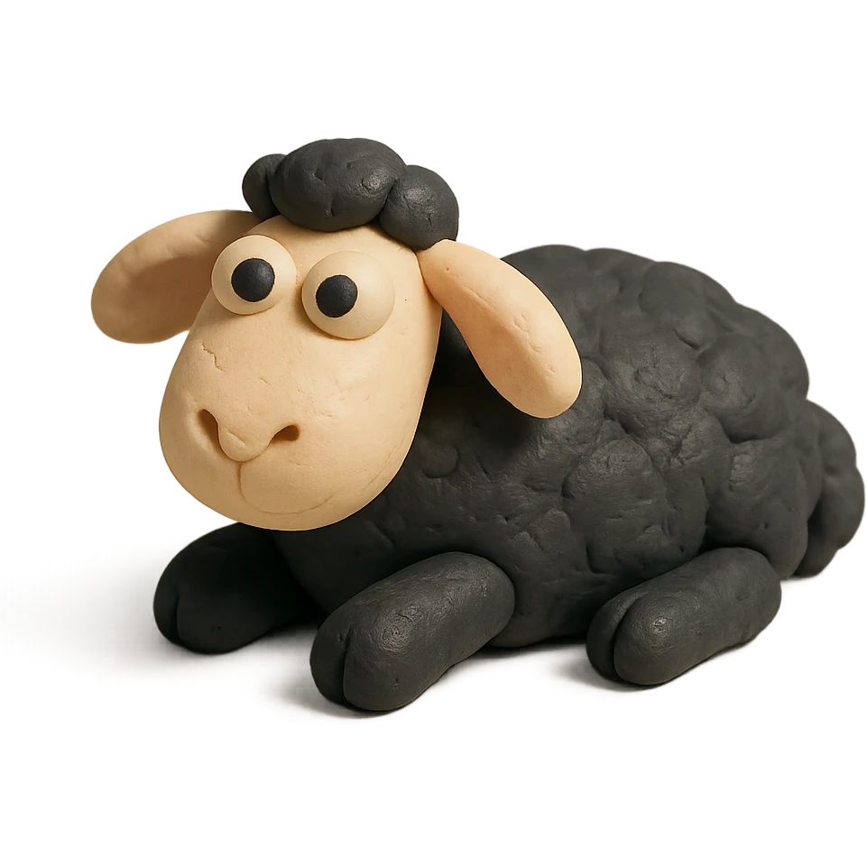 black sheep lying down, whimsical and playful, matte finish, claymation style emoji