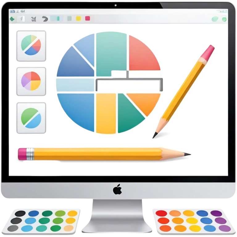 Professional emoji for Graphic Design: a computer screen displaying a design layout, vector shapes, a color palette, and design tools like a pencil and ruler. The icon should represent creativity and precision in graphic design. Transparent background. emoji