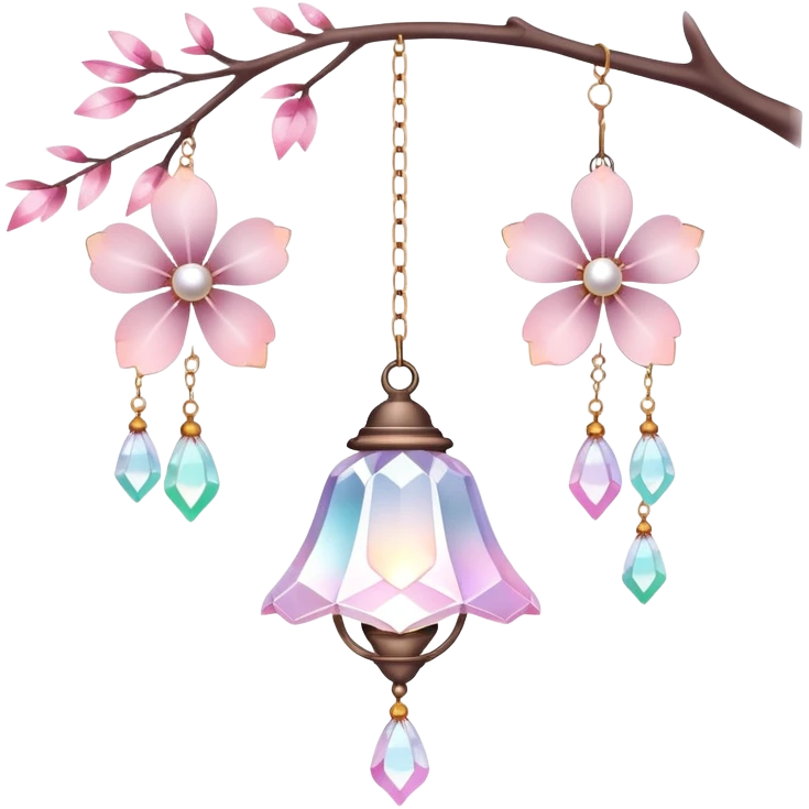 Hanging Iridescent pastel pink sakura crystals white-pearly suncatcher with bell LAMP emoji