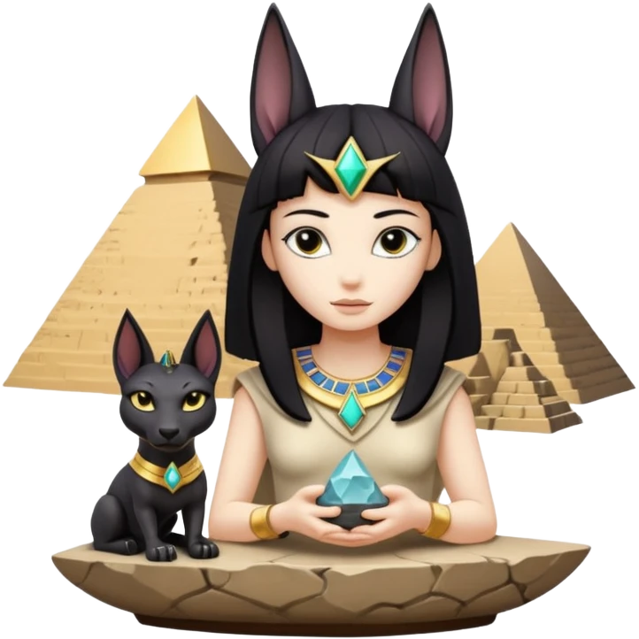 Kindly alien Protecting silky black-haired tiny statuette scale Anubis and pyramid scenery stone-age cracked irregular  bonsai pot  emoji